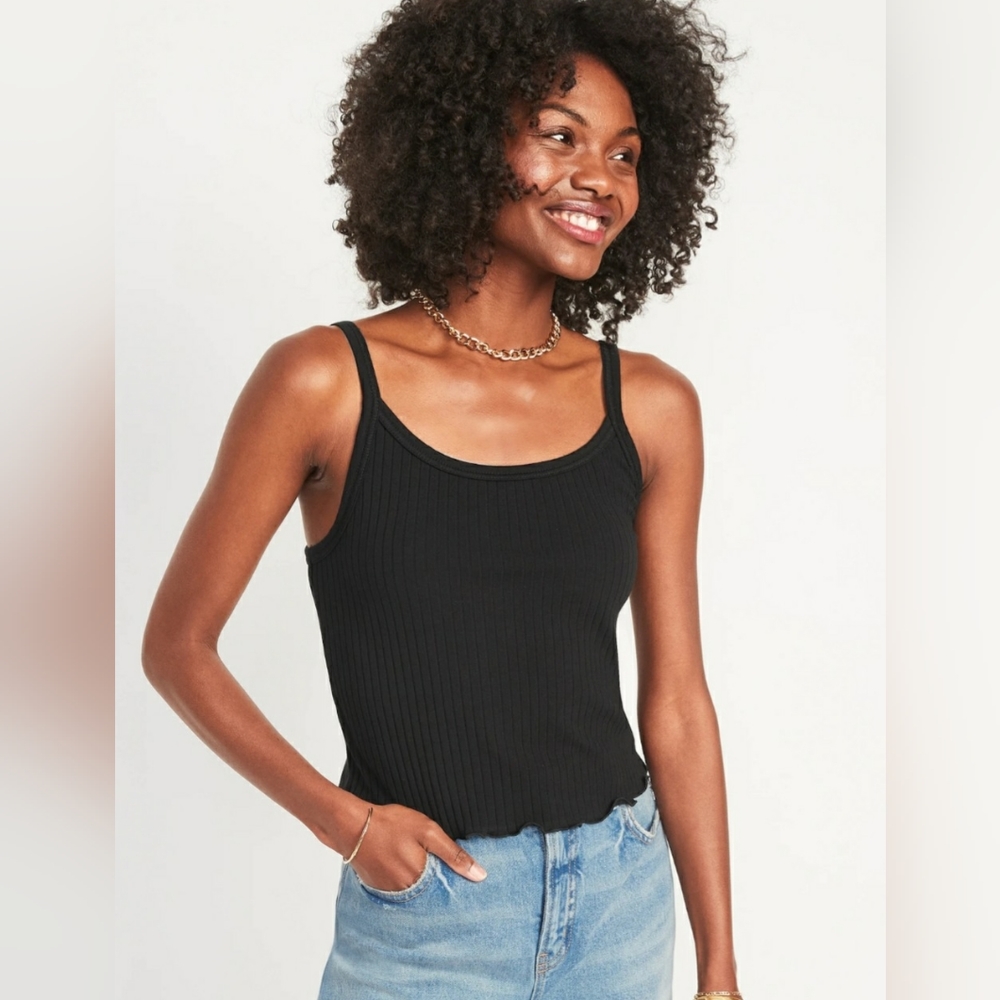OLD NAVY WOMEN'S BLACK FITTED CROPPED LETTUCE-EDGE RIB-KNIT TANK TOP SIZE XXL